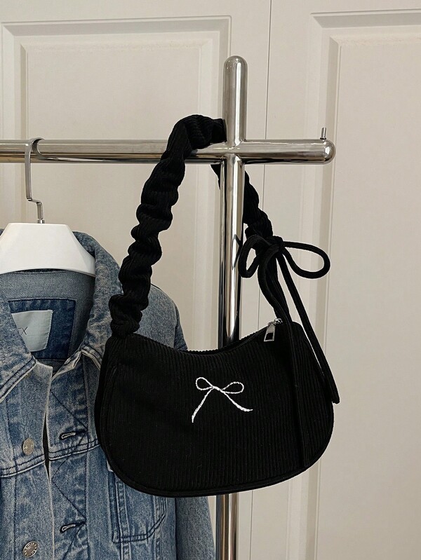 1 pieza Bolso de hombro minimalista de unicolor, de uso diario para mujeres, con diseño de cordón con cremallera de pana negra, bordado de lazo, estilo casual y versátil, nuevo para otoño/invierno