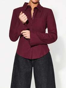 Womens Button Down Shirts Long Sleeve Stripes Print/Solid Color Slim Fit Tops Work Blouse - Burgundy - View 4