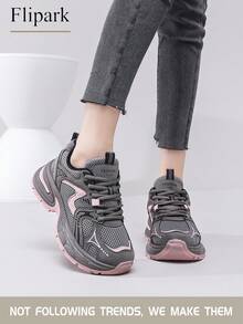 Flipark 1 Pair Women's Sporty Breathable Chunky Sneakers, Lace-Up Pink & Gray Contrast Mesh Lightweight Low-Top Casual Athletic Shoes
