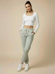 Women's Plush Jogger Sweatpants With Drawstring And Pocket | Winter Pants, Cold Weather Clothing, Comfortable, Warm, Casual, Thermal - 淡綠色 - 查看 3