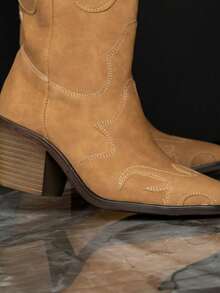 Botas vaqueras vintage con tacón alto y grueso bordadas para mujer de caña alta adecuadas para verano otoño invierno estilo retro y de punta puntiaguda Botas western perfectas para looks Boho Chic - Castaño - Ver 3