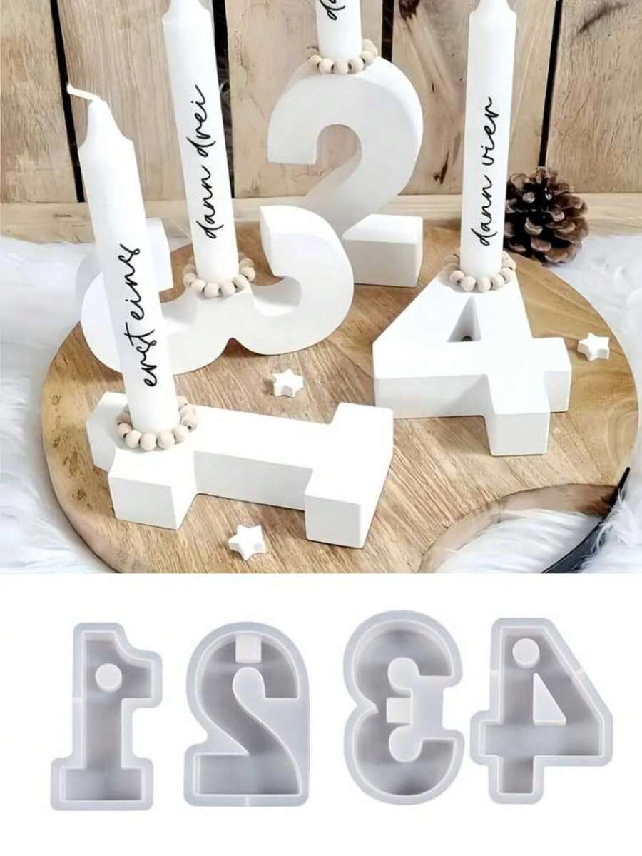 4 件套硅胶模具，适用于数字 1 2 3 4 烛台、现代节日降临节花环数字铸造模具、DIY 石膏水泥树脂硅胶模具、餐桌装饰中心摆件 - 白色 - 查看 1