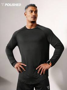 Boyfriend Style Men Solid Raglan Sleeve Curved Hem Sports Tee Long Sleeve Shirt Workout Tops Fall Fall Breathable - Black - View 8