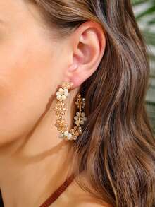 Pair Fashionable Exaggerated Colorful Floral Hoop Earrings For Women, Luxury Delicate Crystal Flower-Shape Earrings, Suitable For Daily, Vacation, Party Wear (Handmade Beads Color And Me - Amarillo - Ver 4