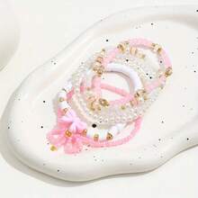 6-Piece Glass Rice Bead Polymer Clay Hand-Positioned Beaded Layered Bracelet Pink Series Cute Sexy Versatile Holiday Y2K Bow Heart-Shaped Bracelet Set Gift Box - 粉色 - 查看 2