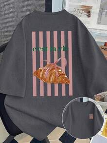 大码女式休闲短袖T恤，饰有活力羊角面包和条纹图案，圆领，适合春夏穿着，大码女式T恤，大码女式秋季服装，大码女式秋季服饰，女式秋季服饰 - 深灰色 - 查看 4
