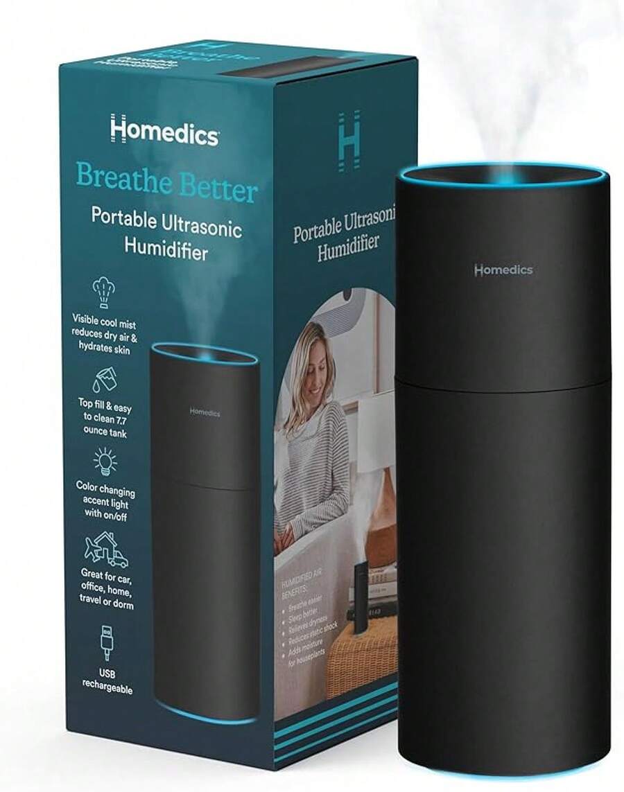 Homedics Portable Humidifier - Small Air Humidifiers For Bedroom, Plants, Office, Travel - Cool Mist Humidifiers, Color-Changing Accent Light, 2 Mist Settings, Black - 黑色 - 查看 1