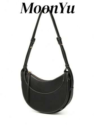 Svart Crescent Moon Shape Crossbody-väska för sadel, axelväska för kvinnor, telefonväska i präglat läder