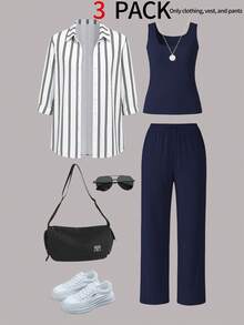 Women's 3 PiecesCasual Outfit Set: Striped Shirt Jacket, Sleeveless Square Neck Top, And Elastic Waist Wide Leg Pants, Suitable For Commuting, Autumn/Winter - Navy Blue - View 3
