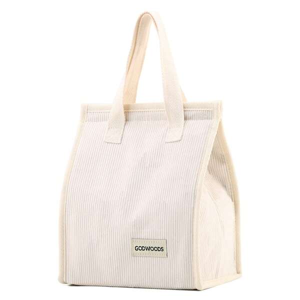 GODWOODS Lancheira térmica grande e portátil GODWOODS em veludo cotelê bege, ideal para homens, mulheres e adultos, perfeita para o trabalho. Também pode ser usada como bolsa térmica pequena ou bolsa para lanches e sanduíches.