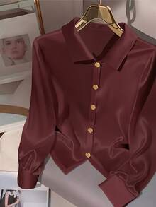 Camisa de Manga Longa com Colarinho de Cetim Luxuoso, Fechamento com Botões Florais, Cor Sólida de Poliéster, Estilo Retrô de Luxo para Encontros à Noite, Uso no Escritório, Todas as Estações - Vinho - Visão 1