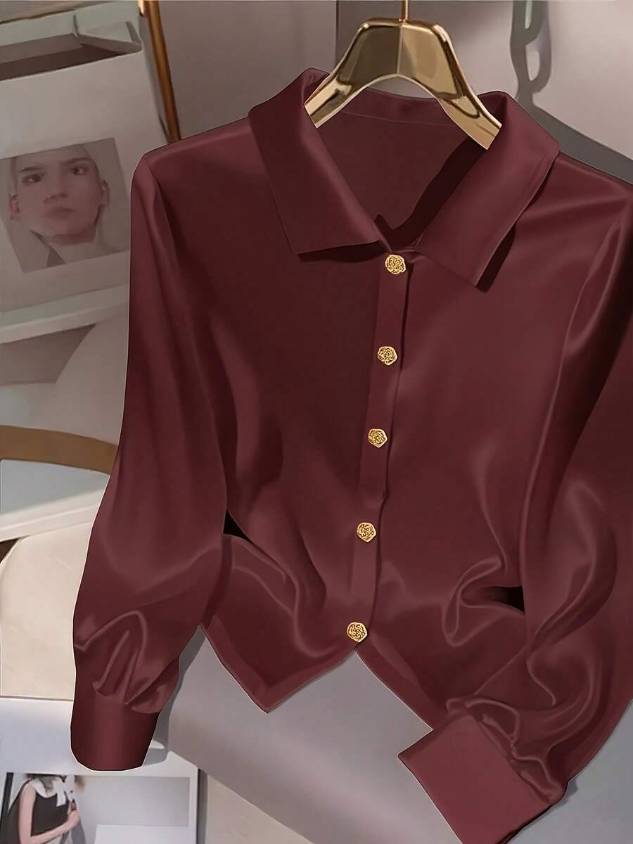 Camisa de Manga Longa com Colarinho de Cetim Luxuoso, Fechamento com Botões Florais, Cor Sólida de Poliéster, Estilo Retrô de Luxo para Encontros à Noite, Uso no Escritório, Todas as Estações - Vinho - Visão 1