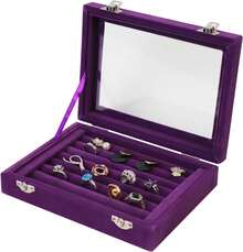 Jewelry Box Rings Organizer Tray Slots Velvet Jewelry Earring Storage Box With Transparent Lid Jewelry Display Girls Women (Purple) - Black - View 6