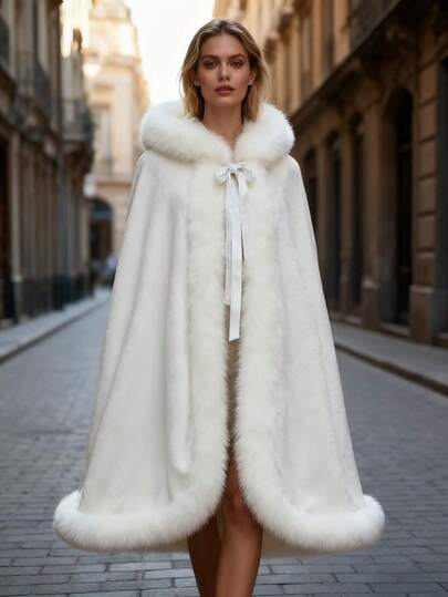1pc White Women's Cloak, Wedding Cloak Shawl, Bridesmaid Shawl, Warm Shawl, Open Collar Fur Shawl, Winter Faux Fur Bow Ribbon Warm Bridal Shawl, Wedding Dress Outerwear Shawl, Suitable For Wedding, Banquet, Adult Ceremony, Party, Evening Performance, Elegant Vintage Romantic Literary Fresh Luxury