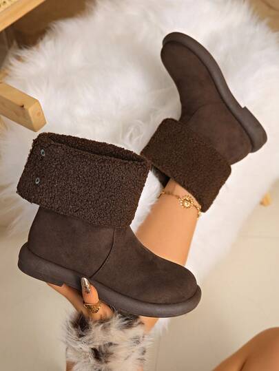 Damen Winter Warm Schneestiefel, westlicher Stil Fake Thermofutter Outdoor Warm Stiefel, modische Kurzstiefel mit Fellbesatz, flache Knöchelstiefel mit Metallschnallenverschluss, Zweiwege-Tragdesign