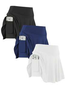 Women's 3pcs Sport Set - High Waist Skirt With Leggings & Pocket Shorts For Running - Black, White, Navy Blue - View 1