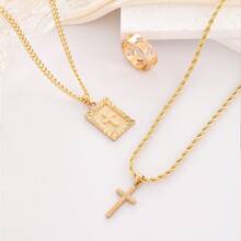 18K Gold Plated Fashion Exaggerated Hip Hop Jewelry Set, 3pcs Stainless Steel Cross Pendant Necklace With Matching Bracelet And Ring