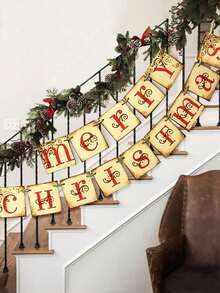 Vintage Merry Christmas Banner - Retro Nostalgic Traditional Old-Fashioned Christmas Wreath Letter Holiday Decor Flags, Suitable For Indoor Home Office Fireplace Mantel Farmhouse - Multicolor - View 2