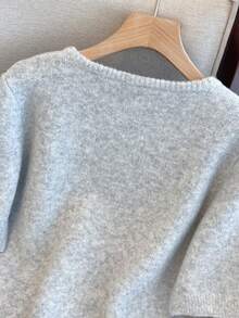 1pc Women's Solid Color Metallic Button Sweater, Casual Round Neck Short Sleeve Cardigan, Versatile Knit Sweater Tops, Autumn/Winter