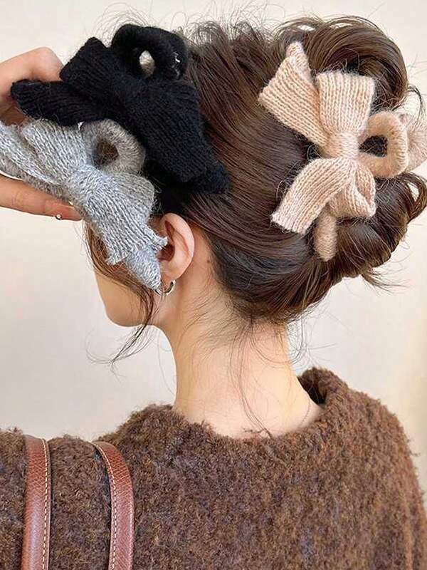 1 Peça Clipe de Cabelo com Laço de Tricô Fofinho para Meninas - Um Acessório de Cabelo Simples e Elegante para Penteados de Inverno, Presilha de Cabelo Elegante