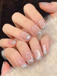 10 PCS Pink Cool Diamond Hand-Painted Silver Line Side Light Silk Cat Eye French Press Short False Nails Daily Simple Temperament French Detachable False Nails Suitable For Ladies And Girls As A Gift With Storage Box