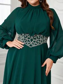 UNITHORSE Plus Women's Stand Collar Lantern Sleeve Chiffon Waist Sequin Applique Embellished Slim-Fitting Maxi Evening Dress Bridesmaid Dresses Bridal Dresses Graduation Dresses Formal Dresses