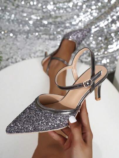 Grey Sequin Sexy Closed Toe Stiletto High Heel Sandals For Women