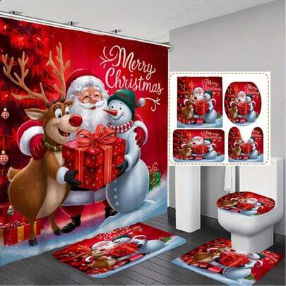 1/3/4pcs Christmas Santa Claus, Reindeer, Snowman Hug, Snowman Print Shower Curtain Set, Digital Printing, Polyester Material, Waterproof Shower Curtain, No Drilling, Bathroom Divider, Shower Curtain Set Includes U-Shaped Mat, Anti-Slip Bathroom Mat, Toilet Mat And Bathroom Accessories, Suitable For Home Decor, Holidays, Daily Decoration, Christmas Decoration, Bathroom Decoration, Shower Decoration, An Ideal Gift