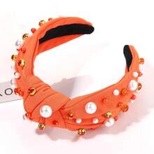 Pearl Knotted Headband For Women Game Day Hair Accessories Pearl Rhinestone Jeweled Hairband - 橘子A - 查看 6