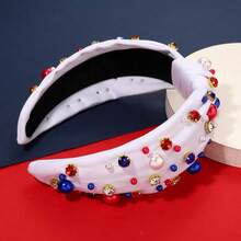USA 4 Th Of July Pearl Knotted Headband For Women Red White Blue Pearl Rhinestone Jeweled Hairband American Flag Patriotic Independence Day Wide Headband Summer Beach Hair Accessories - 紅色白色藍色珍珠髮帶白色 - 查看 6
