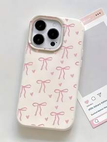 1pc White Matte Textured Personalized Phone Case With All-Over Pink Bow & Heart Pattern, Compatible With Iphone 16 Pro Max, 15, 14 Plus, 13, 12, 11 And Series - Multicolor - View 1