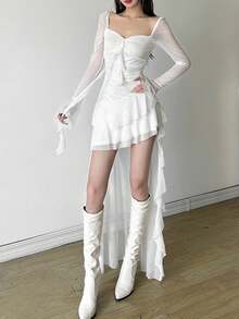 Premium Vibrant Solid Color Fitted High Waist Fashionable Square Neck Long Sleeve Mesh Dress, Asymmetric Hem, Suitable For Party And Casual Occasions - White - View 5