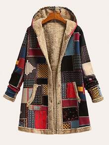 Women's Retro Patchwork Hooded Jacket, Autumn/Winter Warm Fleece Trim Mid-Length Loose Pullover