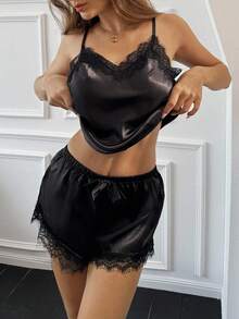 Aloruh Women's Autumn Black Strapless Sequined Lace Satin Camisole Pajama Set / Pajama Set, Vacation Wear, Suitable For Halloween, Two Pieces Comfortable Pajama Set For Home Attire