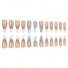 Stiletto Press On Nails Long Fake Nails White French Tip Glue On Nails Rhinestone Flower Charm Design Luxury Acrylic Nails Bow False Nails 24Pcs Bling Manicure Coquette Almond Stick On Nails - 多色1 - 查看 4