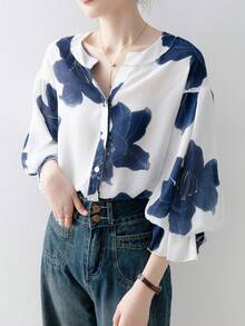 女士夏季服装，花卉印花纽扣荷叶边前扣女式衬衫，时尚优雅喇叭袖上衣，夏季女士沙滩度假装 - 藏蓝色 - 查看 9