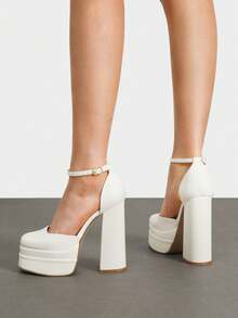 Women High Chunky Platform Closed Toe Block Heels Square Toe Ankle Strap Comfortable  Wedding Party Prom Festival Pumps Shoes - 白色 - 查看 3