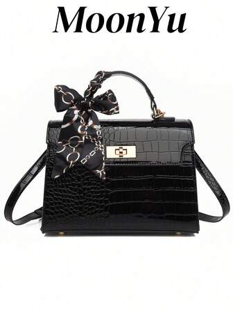 Ny damväska med glänsande krokodilmönster, stor kapacitet, modern och elegant, matchad med avancerad sidenscarf, kan bäras crossbody, svart, affärsväska för kvinnor, perfekt för kontor, affärer och arbete, rosettväska för kvinnor, djurtryckt damväska, affärsväska för kvinnor perfekt för kontor, affärer och arbete