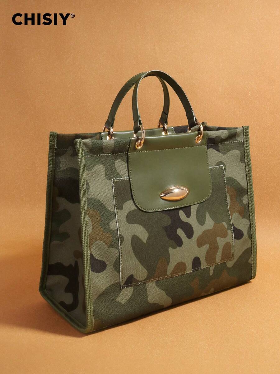 New Original Military Green Large Tote Bag, High Capacity Handbag With PU Camouflage Patchwork, Fashionable & Unique, Adjustable Shoulder Strap, Multi-Functional For Commuting, Outing, And School - 軍綠色 - 查看 1
