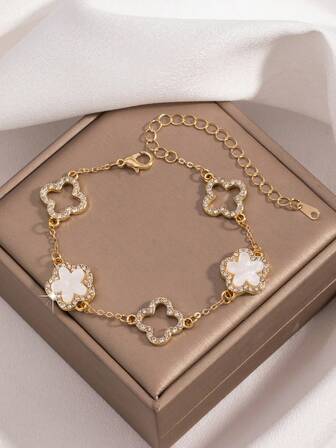 1 件简约幸运四叶草手链女士法式甜美高端全密镶锆石五瓣镂空花朵女士配饰