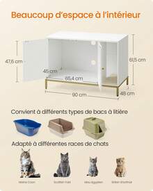 Meuble Litière pour Chat , Maison de Toilette pour Chat, avec Tapis de Grattage, Pieds Hauts, Table d'Appoint, 90 x 48 x 61,5 cm, Blanc et Doré - Blanc - Voir 5