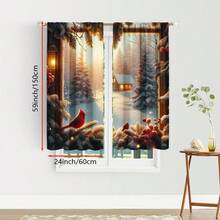 2pcs Warm Winter Cabin Pattern Curtains, Cozy Design Light - Filtering Polyester Curtains For Christmas Home Windows, Rod Pocket Curtains For Living Room & Bedroom Decor