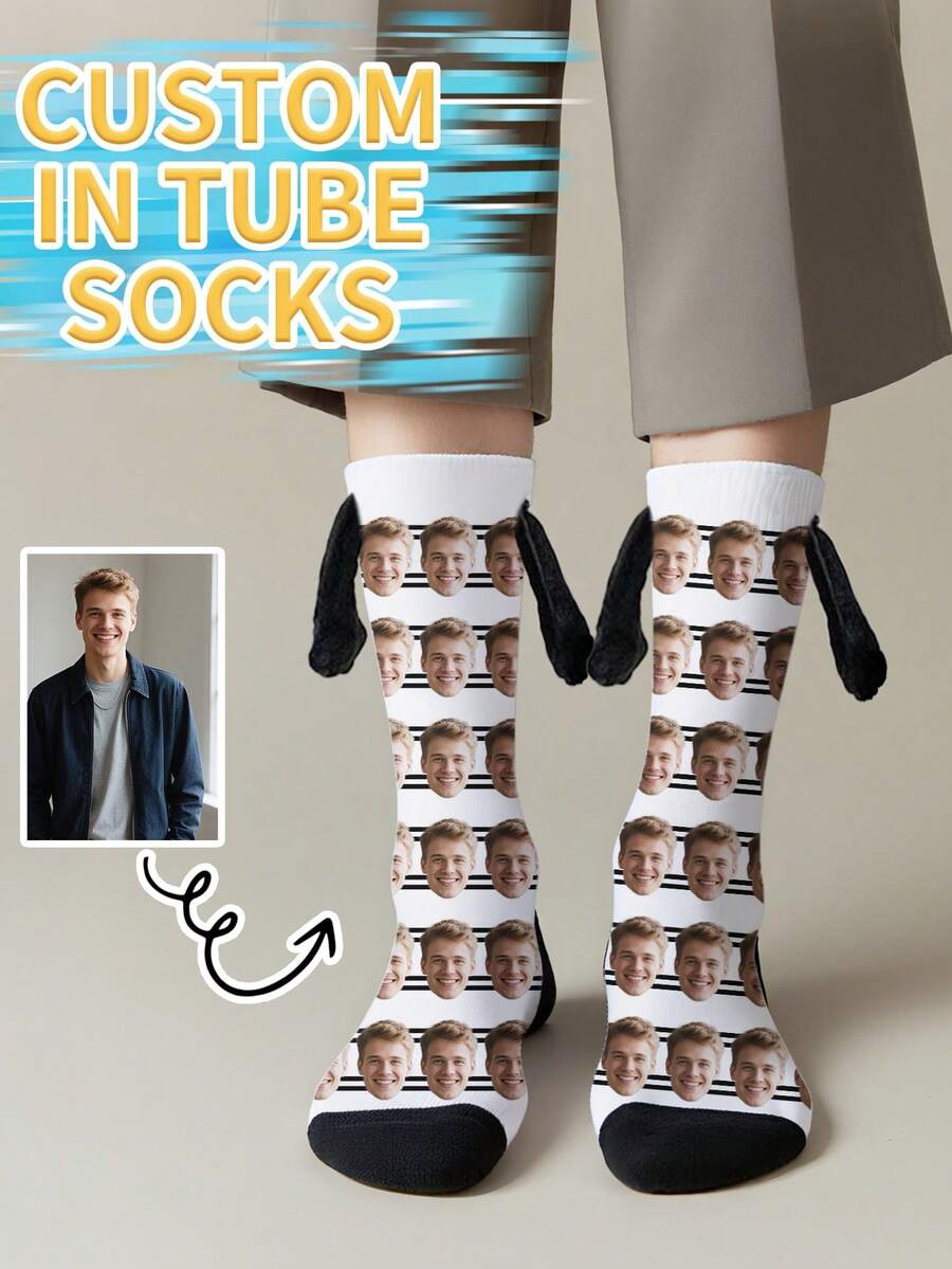 1 Pair Of Customized Face Men's Holding Hands Series Medium Socks, Put Any Face On The Socks, Personalized Socks With Photos, Interesting Customized Pictures With Medium Stockings, Suitable For Valentine's Day, Birthday, Gift Giving And Other Occasions, Personalized