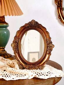 1pc Retro Oval Shaped Decorative Mirror, Antique Brass Color, Vintage Palace Style, Resin Frame, Suitable For Vanity, Jewelry Storage, Photography Props And Decoration