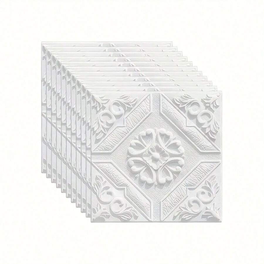 20/50/100pcs 3D Floral Ceiling Tiles - Self-Adhesive Waterproof Wall Stickers, 13.78x13.78 Inches, Anti-Collision Decor For Bathroom & Bedroom, Elegant White Design With Golden Chandelier Hole, Decorative Ceiling Stickers | Elegant Wall Stickers | Selfadhesive Tiles, Bathroom Wall Stickers