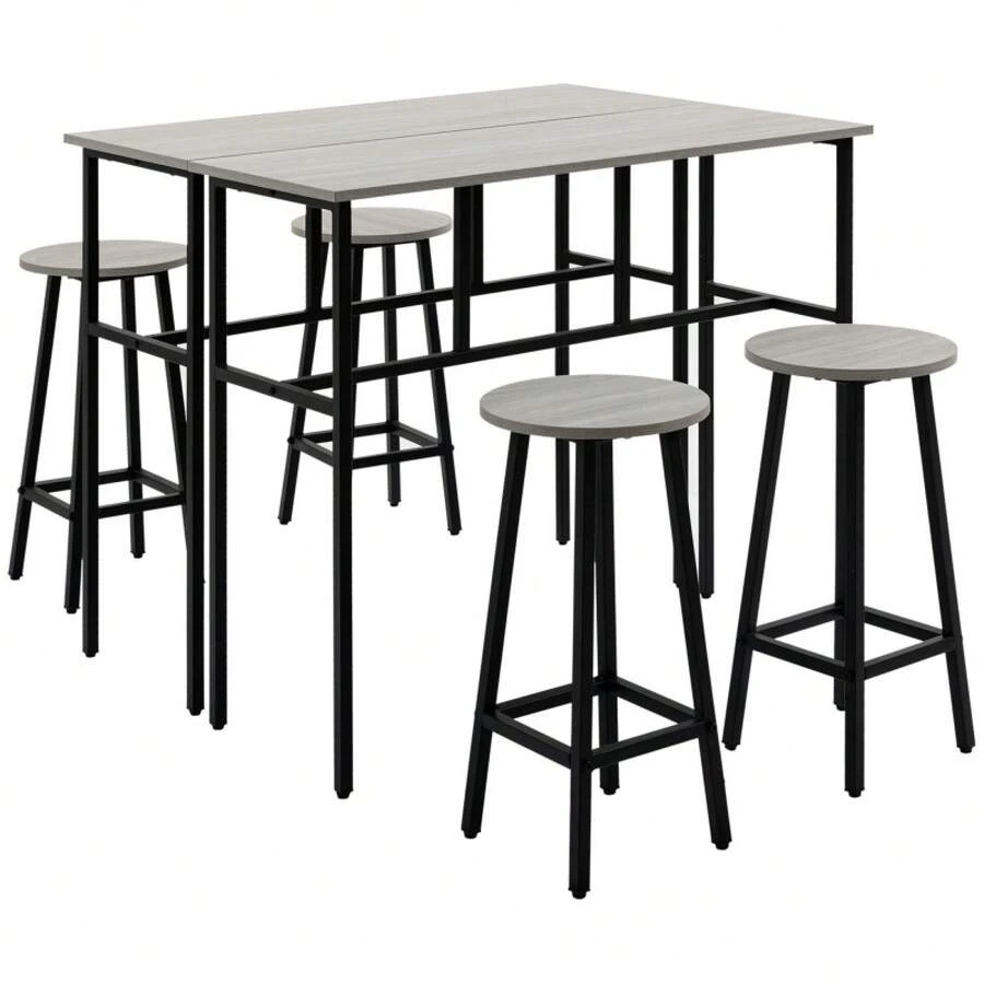 Essgruppe 6-Piece Seating Set With 2 Bar Tables And 4 Bar Stools In Industrial Design, Made Of Plywood And Steel, Gray And Black. - 1 - View 1