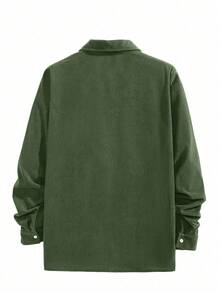 男士绿色灯芯绒翻领长袖 Polo 衫，宽松休闲套头衫，适合春秋季