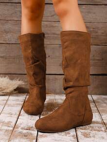 女式中筒靴，仿麂皮褶饰靴，冬靴，优雅女靴，圆头侧拉链设计，户外防滑，轻便百搭平底靴 - 棕色 - 查看 4