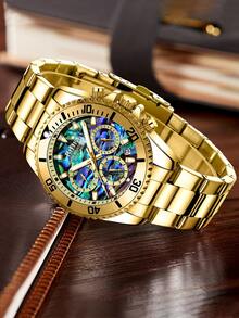 BIDEN 畅销男士腕表，商务男士腕表，运动计时腕表，带日历和夜光功能，不锈钢表带，防水男士腕表，附赠表带拆卸工具和礼盒 - 金色 - 查看 4