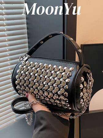 女士水桶包，时尚闪亮水钻点缀优雅浪漫迷人派对手提包，单肩/斜挎包黑色